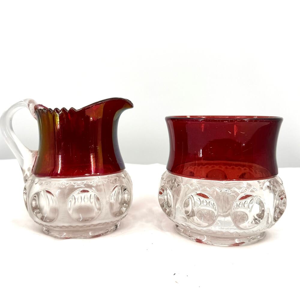 Vintage 1900s Ruby Clear Pressed Glass EAPG King's Crown Creamer Sugar Set